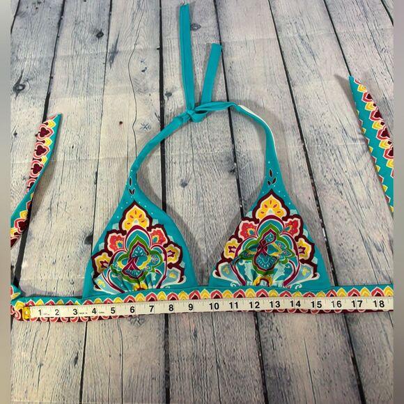 VINTAGE Victoria’s Secret Teal Mandela Boho Halter Top and Solid Bottom Bikini M - Picture 3 of 9